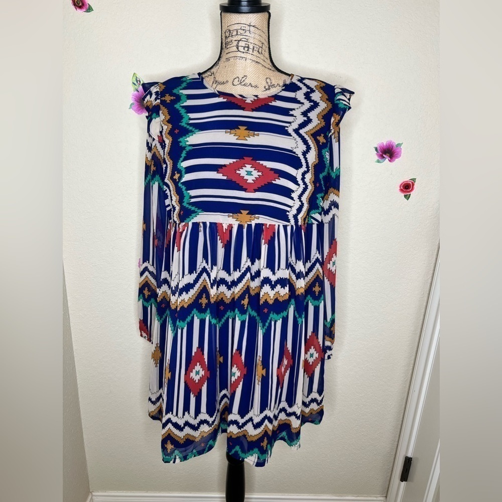 Umgee Aztec Babydoll Style Southwestern Print Design Blue & White Dress Size L